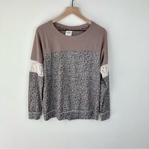 Knox Rose Mixed Media Cheetah & Lace Long Sleeve Top, M